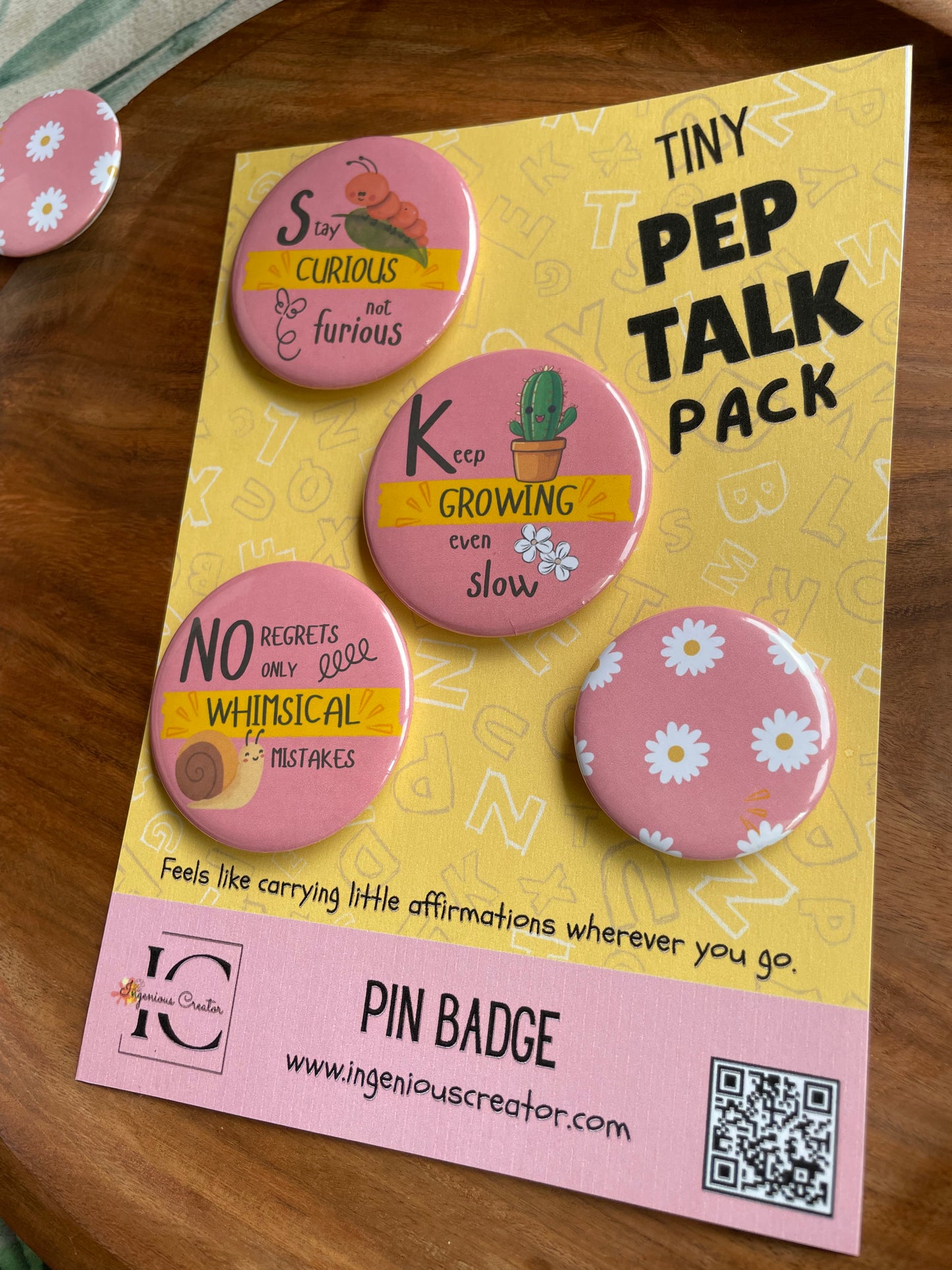 Tiny Pep Talk Pack: Pin Badge Pack of four.